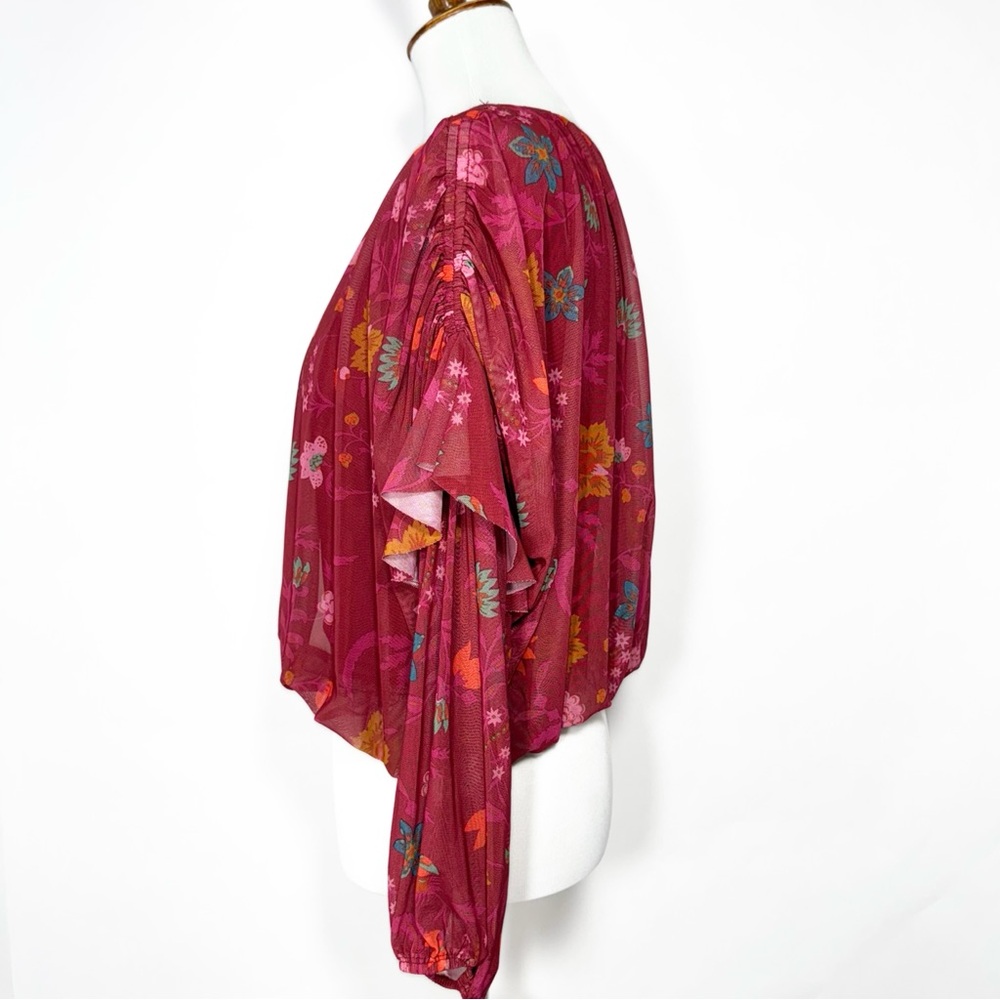 Free People Whimsy Floral Print Berry Pink Ruffled Pleated Draped Blouse XS - Picture 8 of 12
